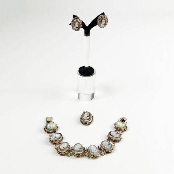 Vintage Silver Abalone Shell Cameo Set Bracelet Earrings Pendant Parure - Picture 2 of 12